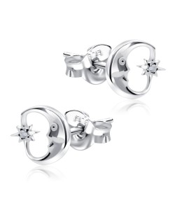 Crescent Star With CZ Stone Silver Ear Stud STS-5524